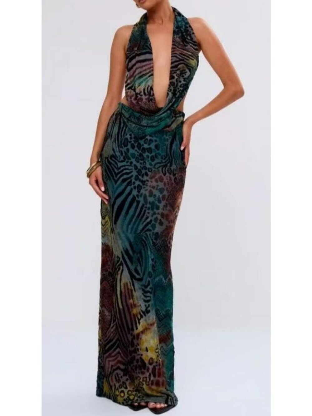 Animal Print Open-Back Maxi Dress Musera Multicolor Pattern Size S